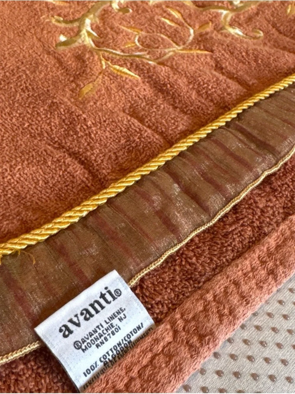 TWO Vintage Avanti Rust Orange‎ Bath Towels with Gold Embroidered Scroll